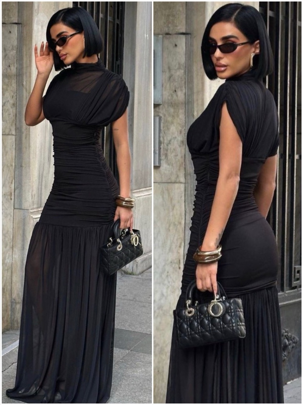 ZARA COMBINED DRAPED & RUCHED SIDE MiDI DRESS - Black - Picture 7 of 16